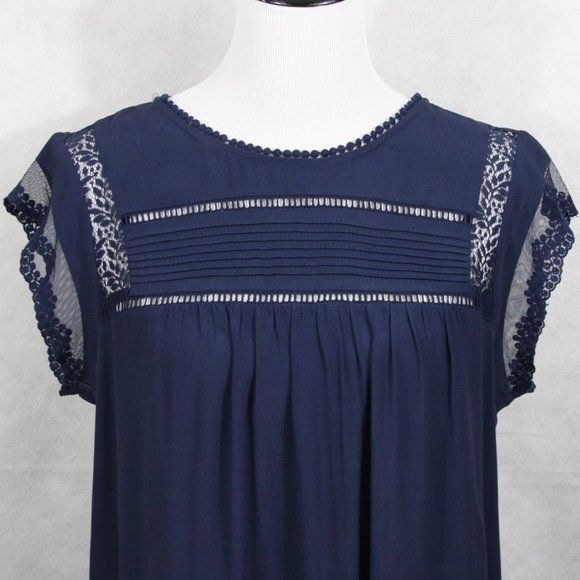Vintage 90's Anthropologie Meadow Rue Blue Rayon Blouse w/ Lace SZ MP EUC - Picture 3 of 10